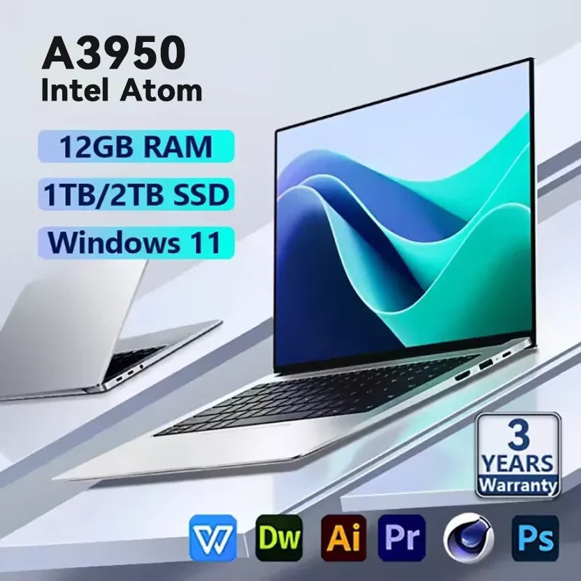 FUCHU 2026 – Nouvel ordinateur portable de bureau, 14,1 pouces, 12 Go de RAM, 256 Go / 512 Go / 1 To / 2 To de stockage, Intel Atom X7 A3950, Windows 11, ordinateur portable pour l’apprentissage, les loisirs et le divertissement.