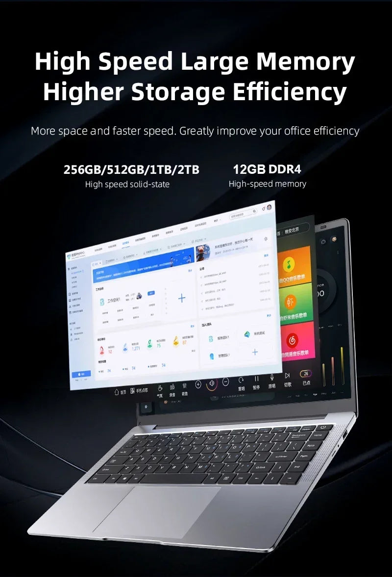 FUCHU 2026 – Nouvel ordinateur portable de bureau, 14,1 pouces, 12 Go de RAM, 256 Go / 512 Go / 1 To / 2 To de stockage, Intel Atom X7 A3950, Windows 11, ordinateur portable pour l’apprentissage, les loisirs et le divertissement.