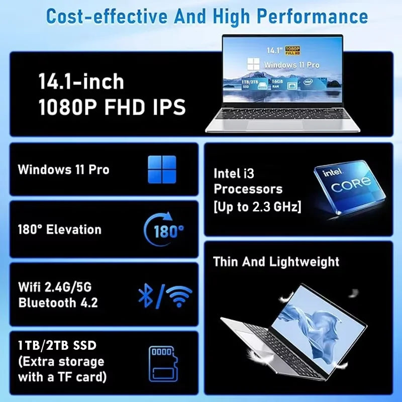 FUCHU 14,1" – Nouvel ordinateur portable, 16 Go de RAM DDR4, SSD 1 To ou 2 To, processeur Intel Core i3-6100U, ordinateur portable Windows 11 pour le travail de bureau, les études et les jeux.