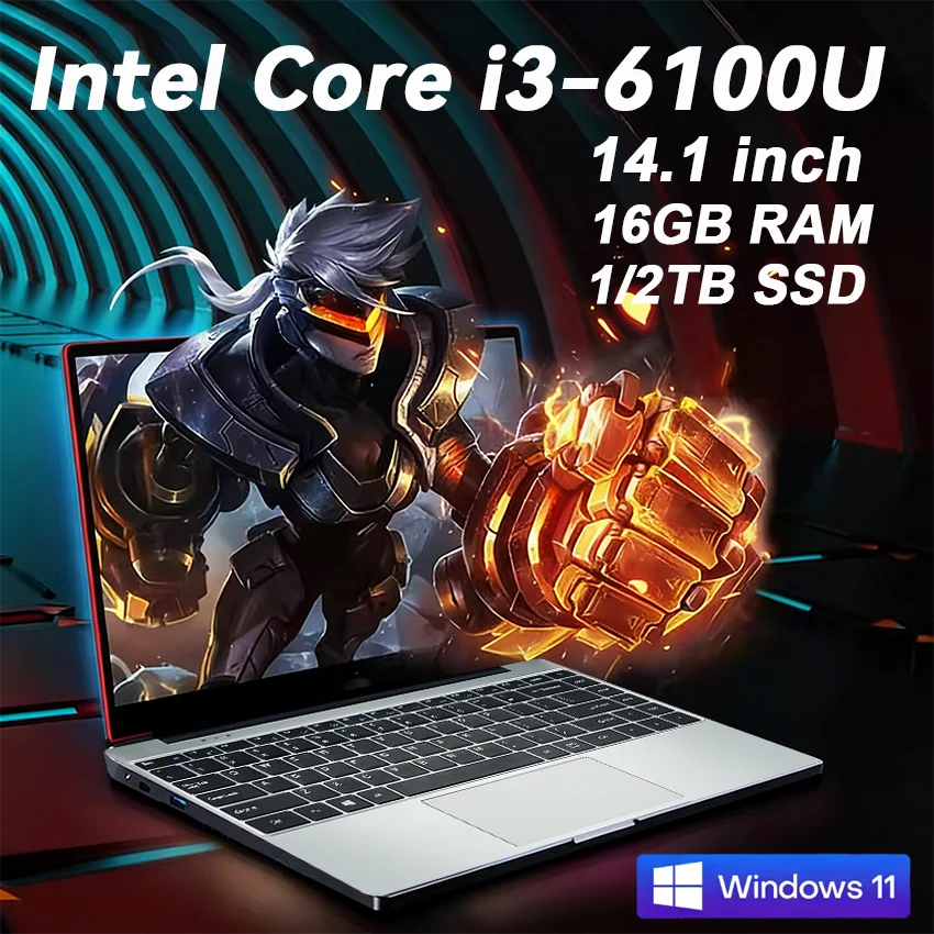 FUCHU 14,1" – Nouvel ordinateur portable, 16 Go de RAM DDR4, SSD 1 To ou 2 To, processeur Intel Core i3-6100U, ordinateur portable Windows 11 pour le travail de bureau, les études et les jeux.