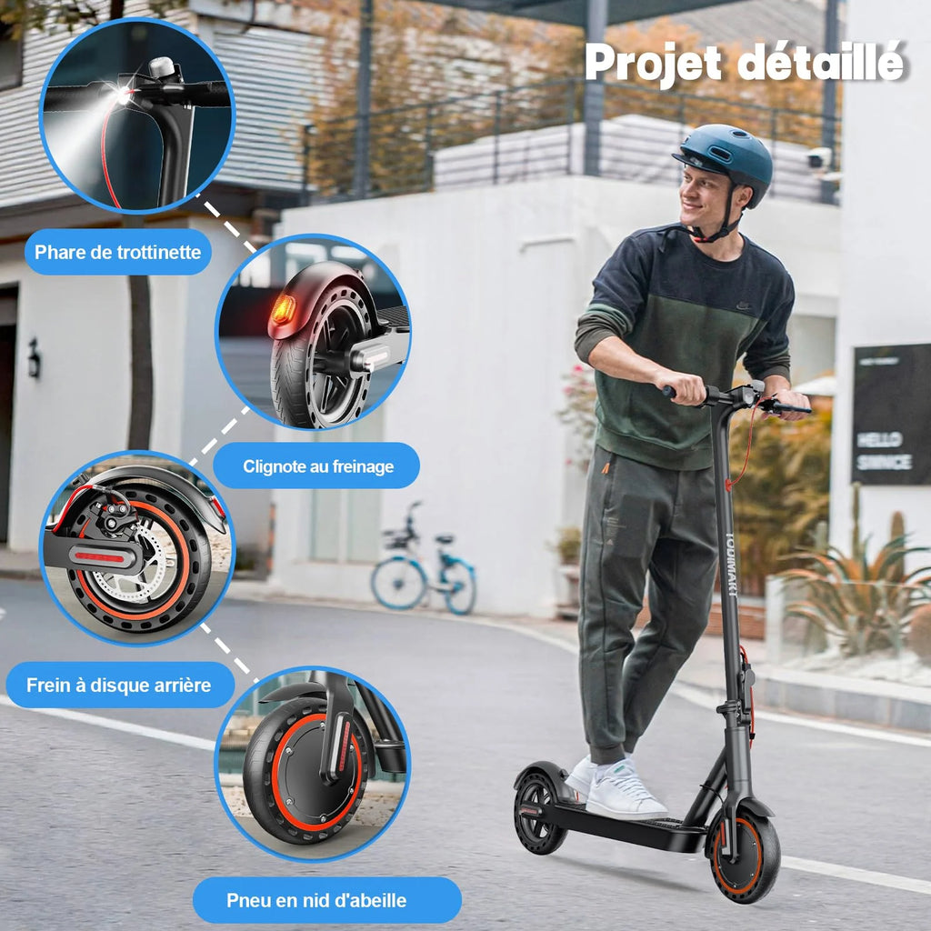 Trottinette électrique TODIMART T3 pour adultes, modèle urbain, batterie 36 V, vitesse maximale de 24,99 km/h, autonomie de 20 à 30 km, pliable, 3 vitesses réglables, idéale pour les trajets quotidiens en ville.