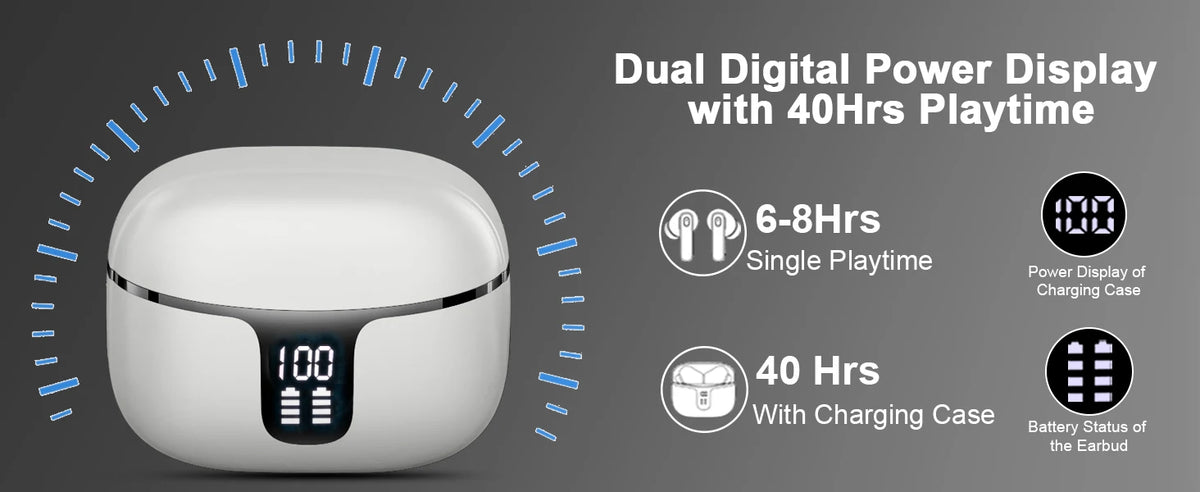 Airpods Bluetooth 5.3 Playtime 40H Waterproof IPX7 Comfort Fit Wireless Earphones for iOS Android