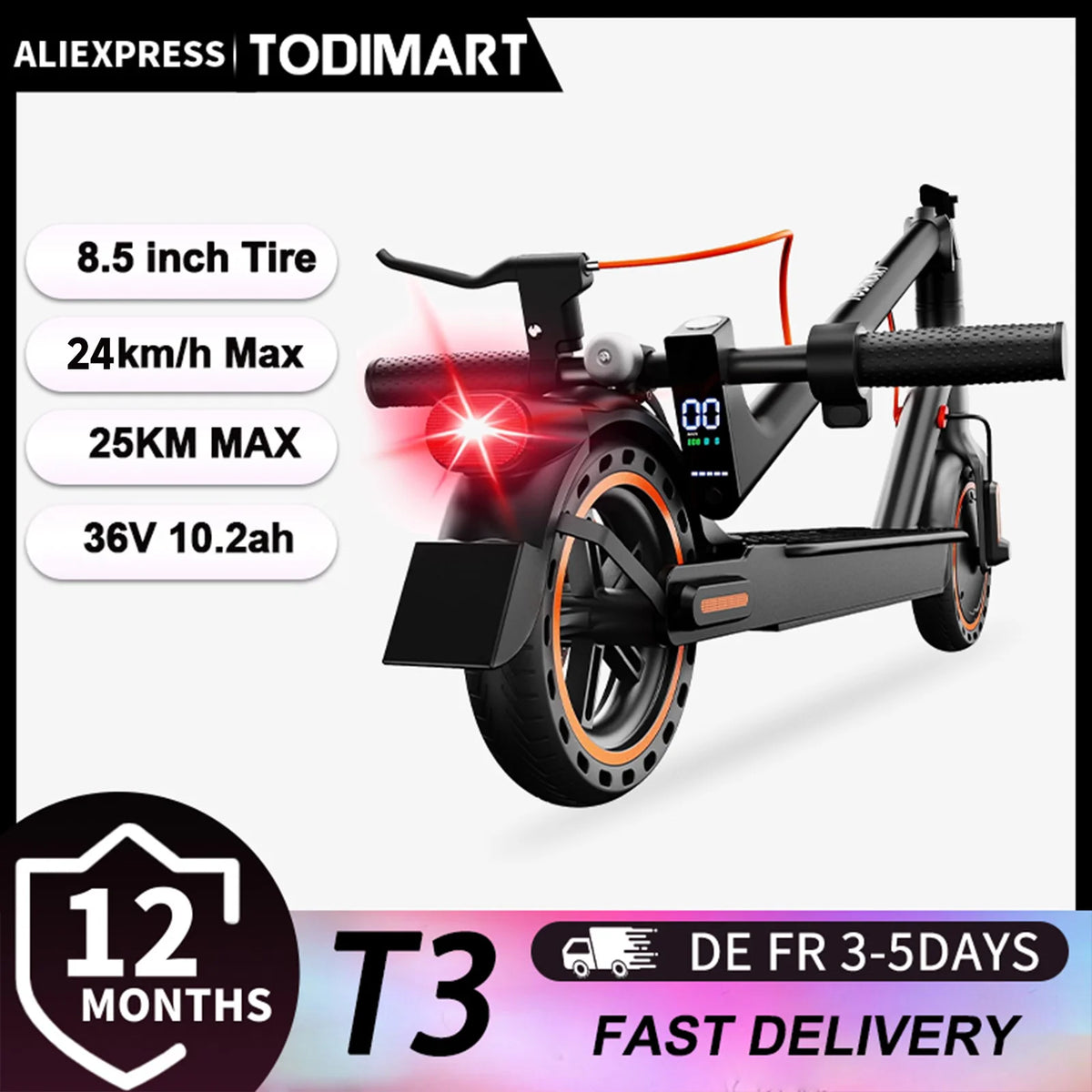 Trottinette électrique TODIMART T3 pour adultes, modèle urbain, batterie 36 V, vitesse maximale de 24,99 km/h, autonomie de 20 à 30 km, pliable, 3 vitesses réglables, idéale pour les trajets quotidiens en ville.