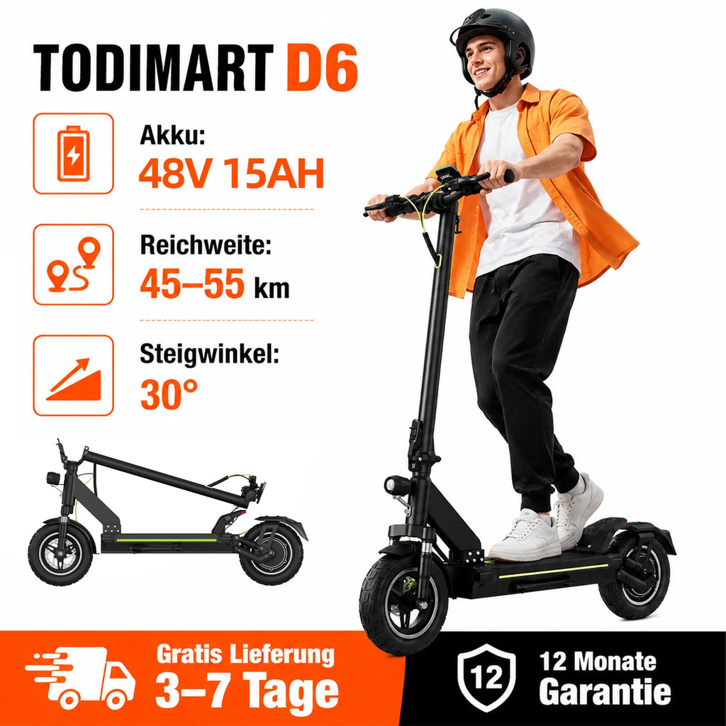 Trottinette électrique tout-terrain TODIMART pour adultes, autonomie de 55 à 70 km, puissante et ultra-légère, batterie 48 V 15 Ah/20 Ah, double suspension, application mobile et Bluetooth.