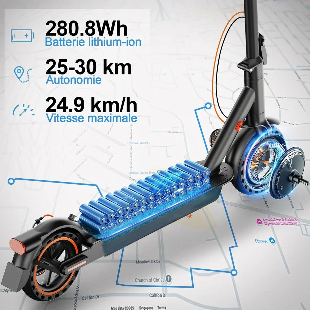 Trottinette électrique TODIMART T3 pour adultes, modèle urbain, batterie 36 V, vitesse maximale de 24,99 km/h, autonomie de 20 à 30 km, pliable, 3 vitesses réglables, idéale pour les trajets quotidiens en ville.