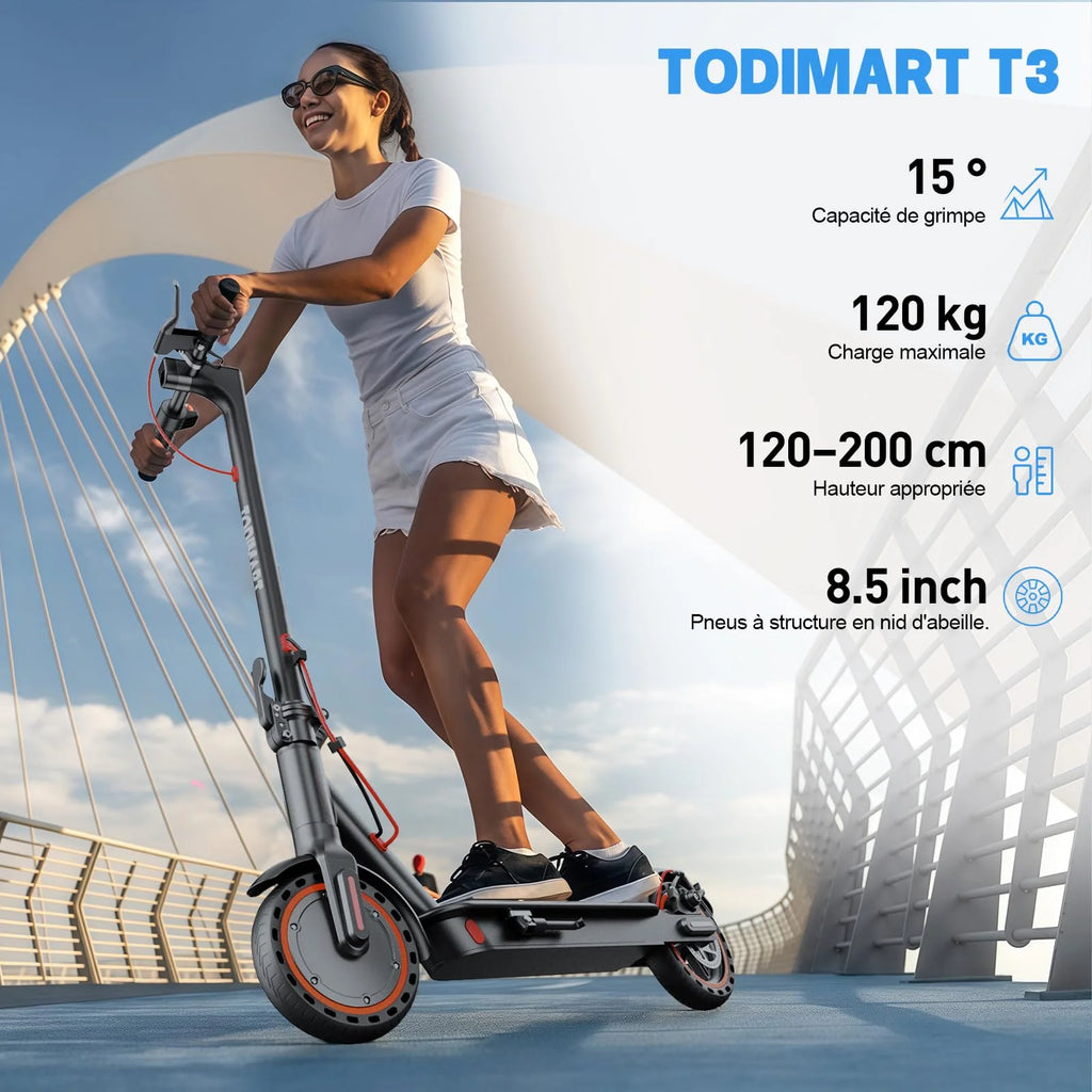 Trottinette électrique TODIMART T3 pour adultes, modèle urbain, batterie 36 V, vitesse maximale de 24,99 km/h, autonomie de 20 à 30 km, pliable, 3 vitesses réglables, idéale pour les trajets quotidiens en ville.
