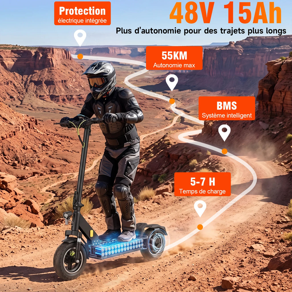Trottinette électrique tout-terrain TODIMART pour adultes, autonomie de 55 à 70 km, puissante et ultra-légère, batterie 48 V 15 Ah/20 Ah, double suspension, application mobile et Bluetooth.