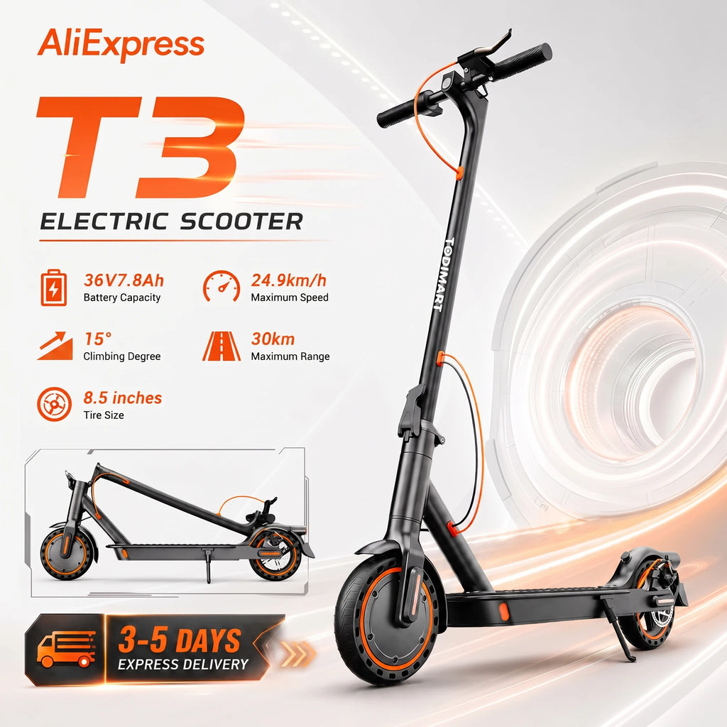 Trottinette électrique TODIMART T3 pour adultes, modèle urbain, batterie 36 V, vitesse maximale de 24,99 km/h, autonomie de 20 à 30 km, pliable, 3 vitesses réglables, idéale pour les trajets quotidiens en ville.