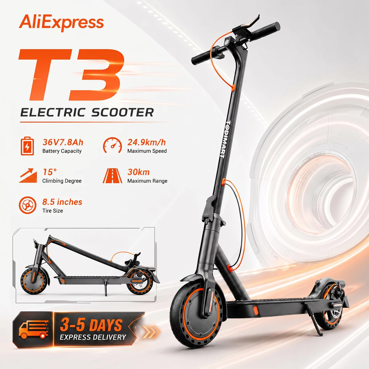 Trottinette électrique TODIMART T3 pour adultes, modèle urbain, batterie 36 V, vitesse maximale de 24,99 km/h, autonomie de 20 à 30 km, pliable, 3 vitesses réglables, idéale pour les trajets quotidiens en ville.