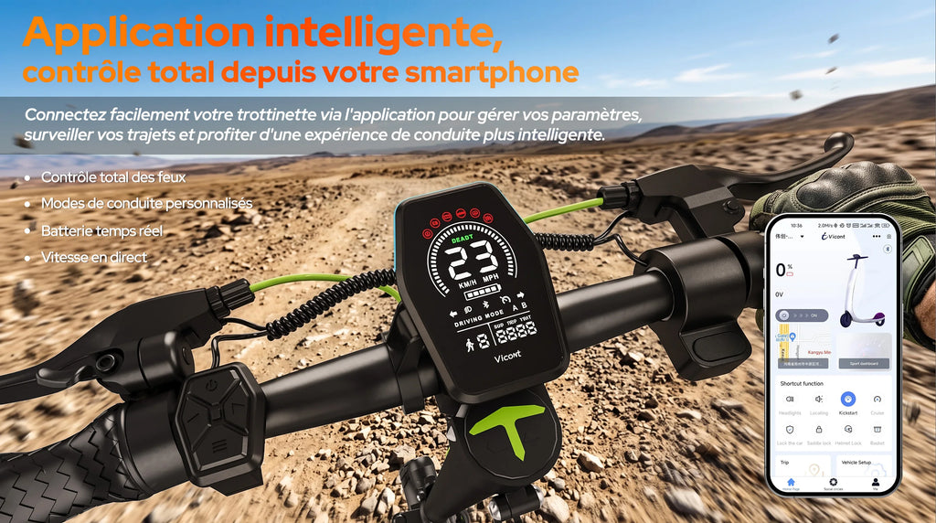 Trottinette électrique tout-terrain TODIMART pour adultes, autonomie de 55 à 70 km, puissante et ultra-légère, batterie 48 V 15 Ah/20 Ah, double suspension, application mobile et Bluetooth.