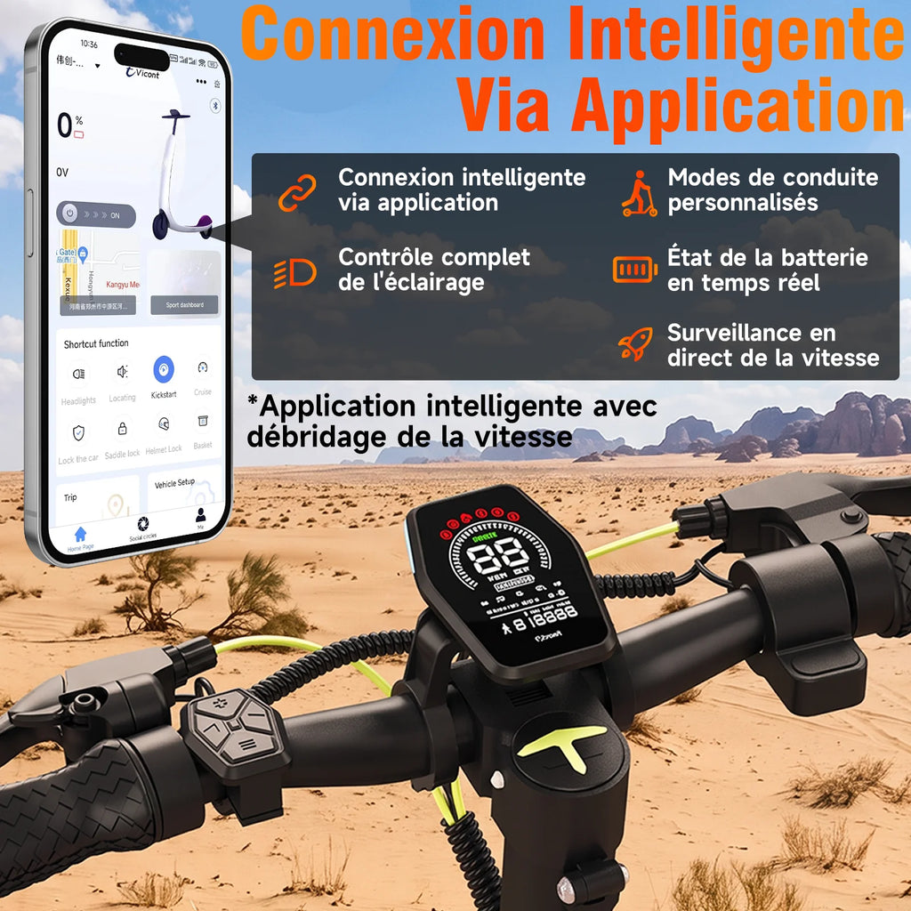Trottinette électrique tout-terrain TODIMART pour adultes, autonomie de 55 à 70 km, puissante et ultra-légère, batterie 48 V 15 Ah/20 Ah, double suspension, application mobile et Bluetooth.
