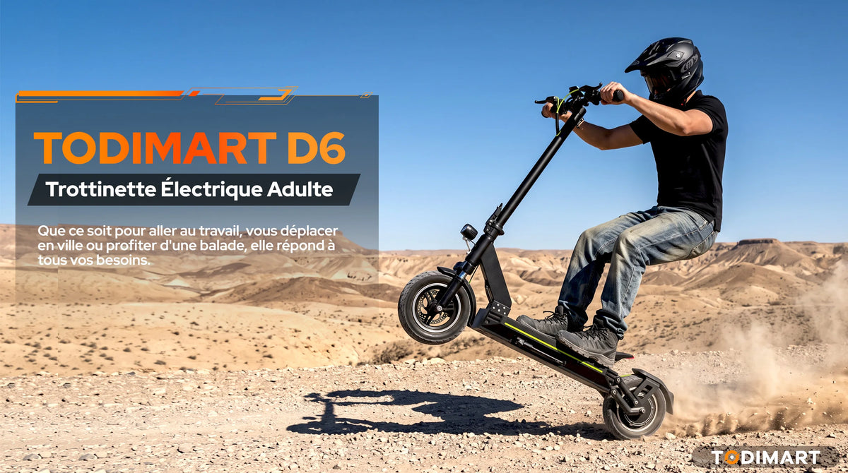 Trottinette électrique tout-terrain TODIMART pour adultes, autonomie de 55 à 70 km, puissante et ultra-légère, batterie 48 V 15 Ah/20 Ah, double suspension, application mobile et Bluetooth.