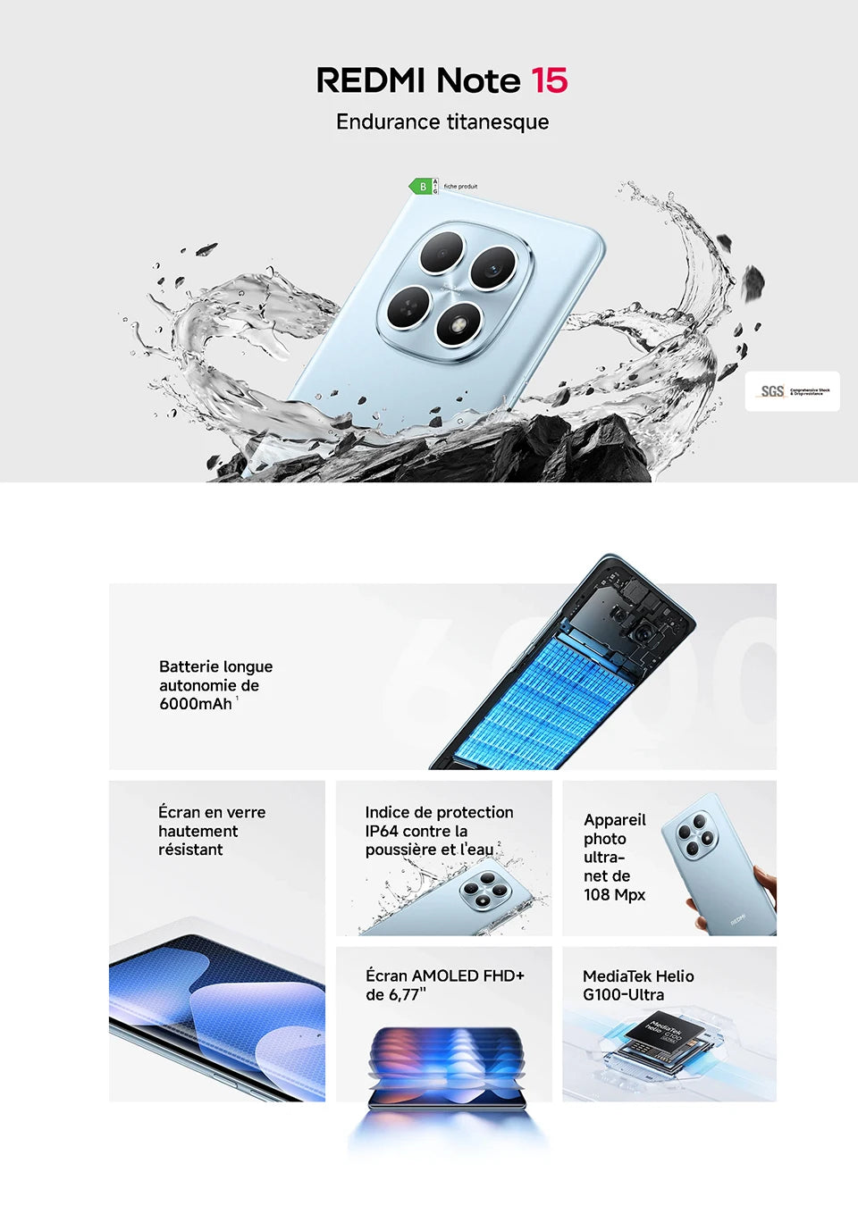 Xiaomi Redmi Note 15 4G, G100-Ultra, 6.77 inches, 120 Hz, 108 MP Camera, 6000 mAh Battery, IP64