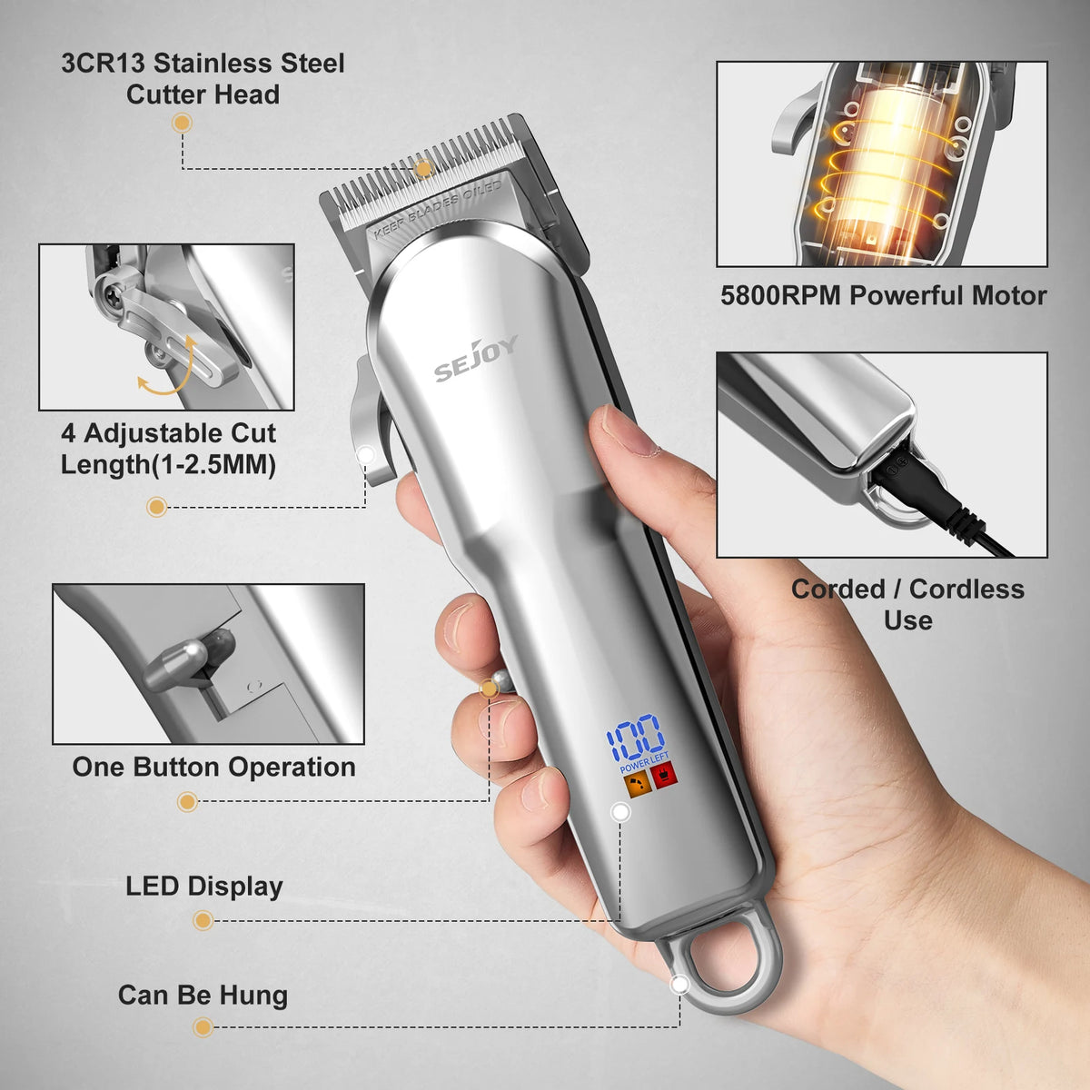 Tondeuse Professionnelle Cheveux, Rechargeable, Multiple Option