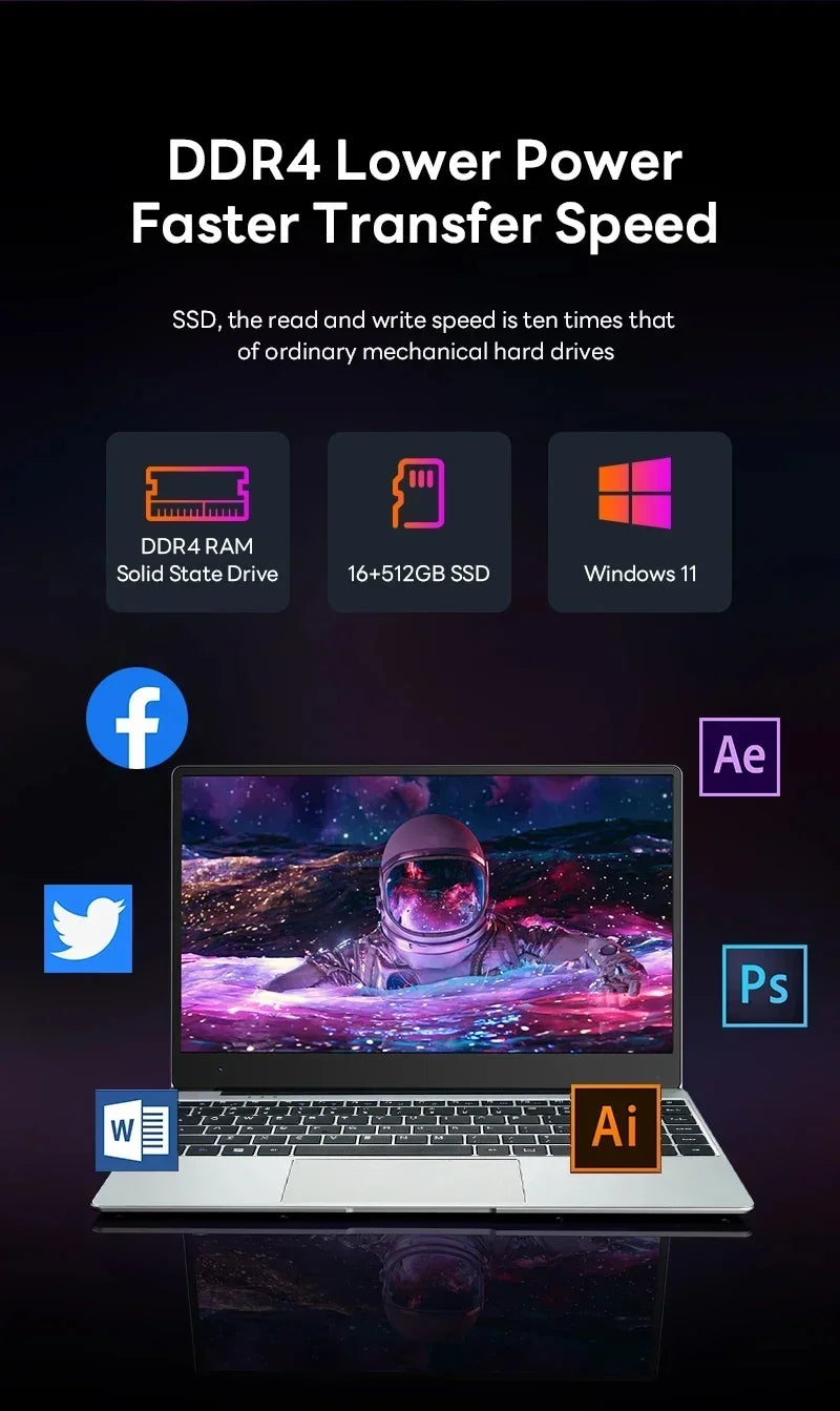 FUCHU 14,1" – Nouvel ordinateur portable, 16 Go de RAM DDR4, SSD 1 To ou 2 To, processeur Intel Core i3-6100U, ordinateur portable Windows 11 pour le travail de bureau, les études et les jeux.